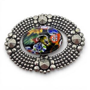 Vintage Millefiori Art Glass Oval Brooch - Silver Tone Studded Frame